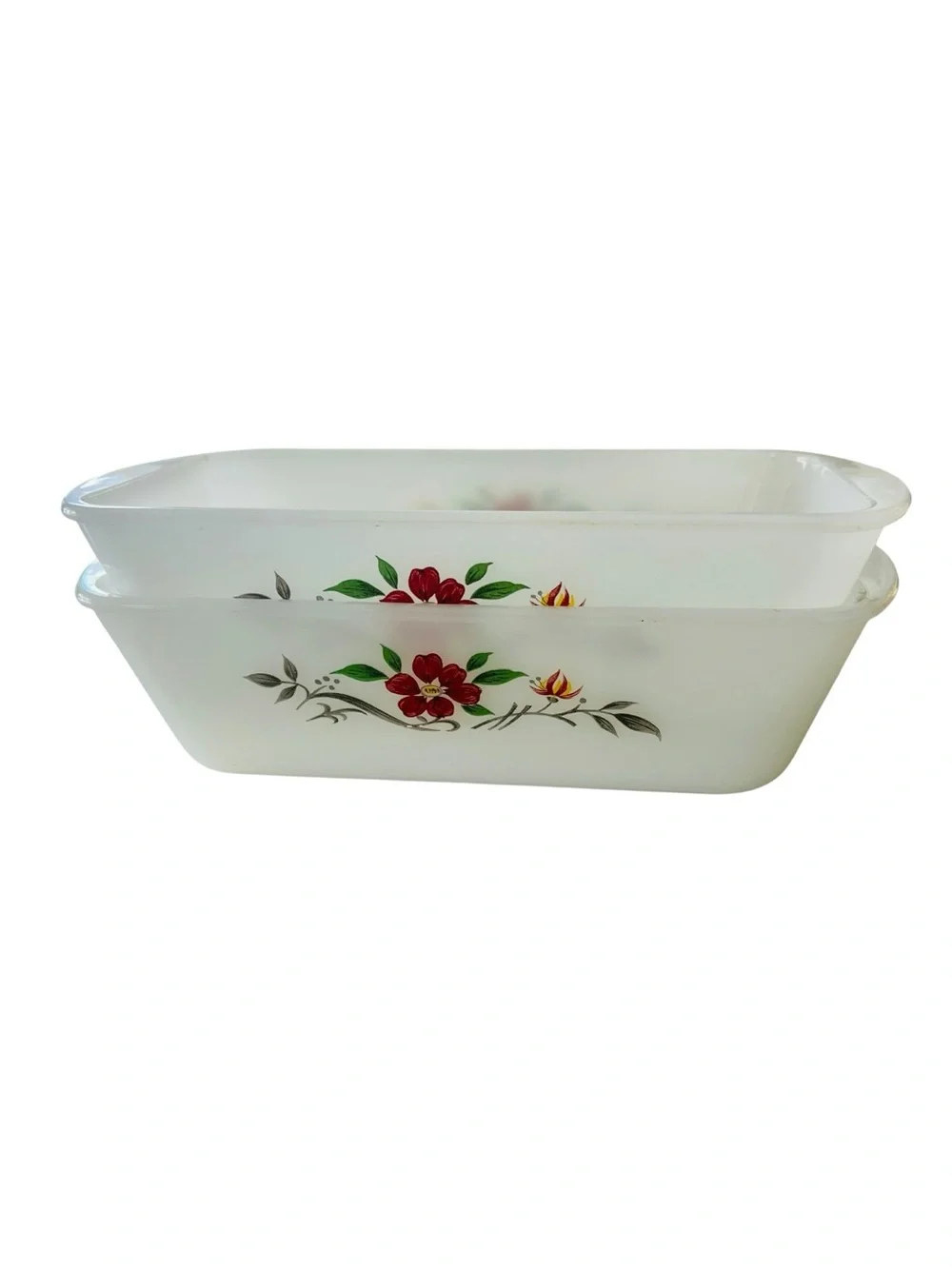 Vintage Glassbake J522 Milk Glass Loaf Bread Pans Set of 2 Red Floral Baking